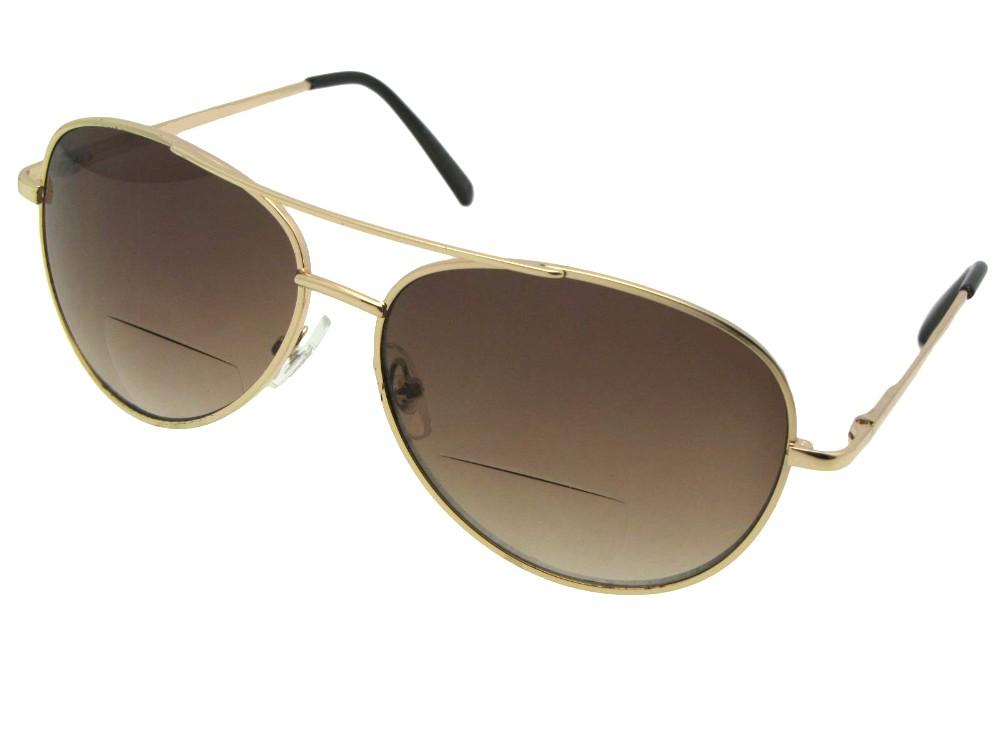 Aviator shape bifocal sunglasses style B15 gold frame with brown lenses