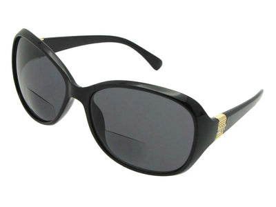 Style B127 Womens Fashion Rhinestone Bifocal Sunglasses Black Gold Frame Gray Lenses
