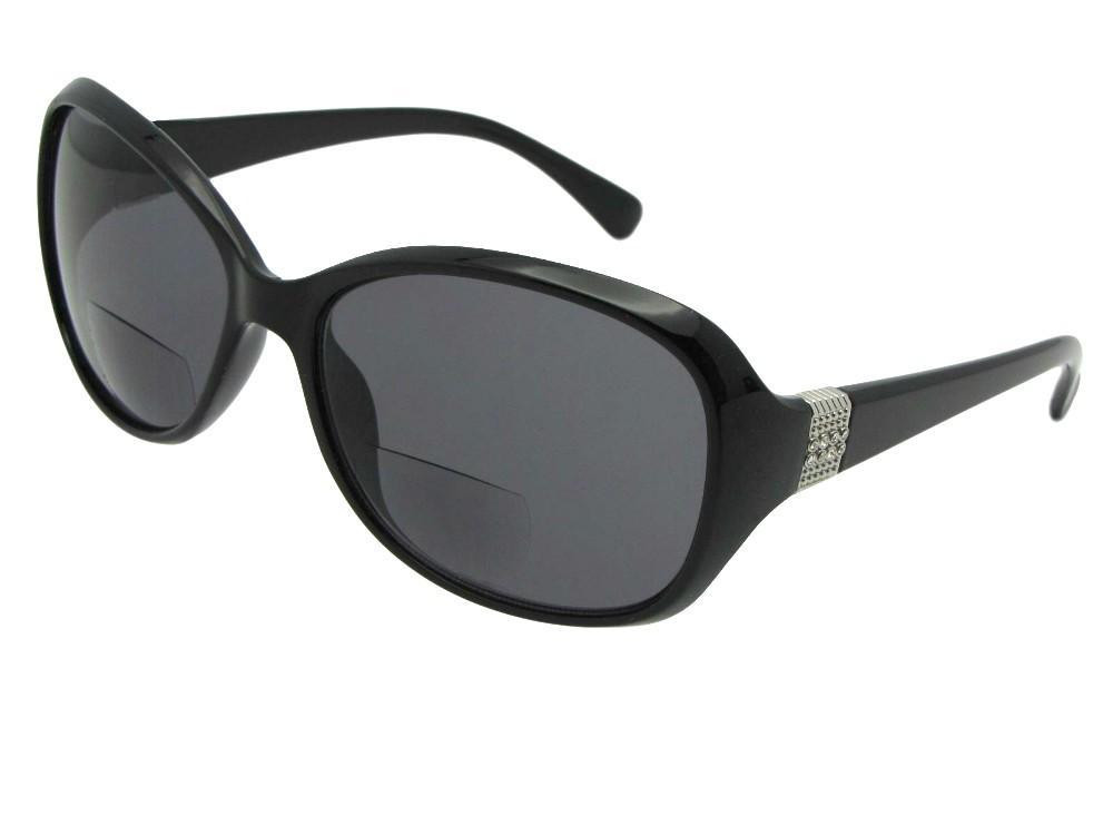 Style B127 Womens Fashion Rhinestone Bifocal Sunglasses Black Silver Frame Gray Lenses
