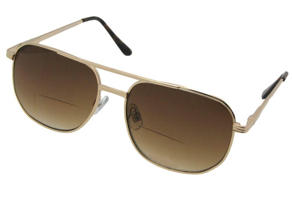 Style B14 Square Metal Frame Bifocal Sunglasses Gold Frame Brown Lenses