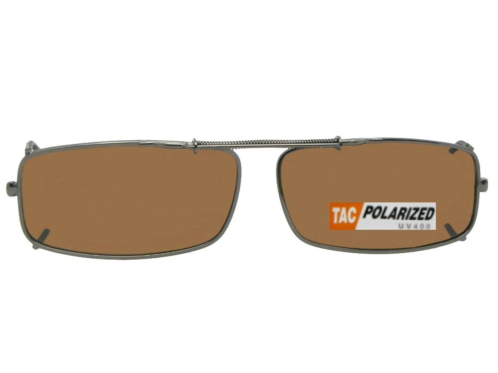 Extra Skinny Rectangle Polarized Clip-On Sunglasses Pewter Frame Brown Lenses