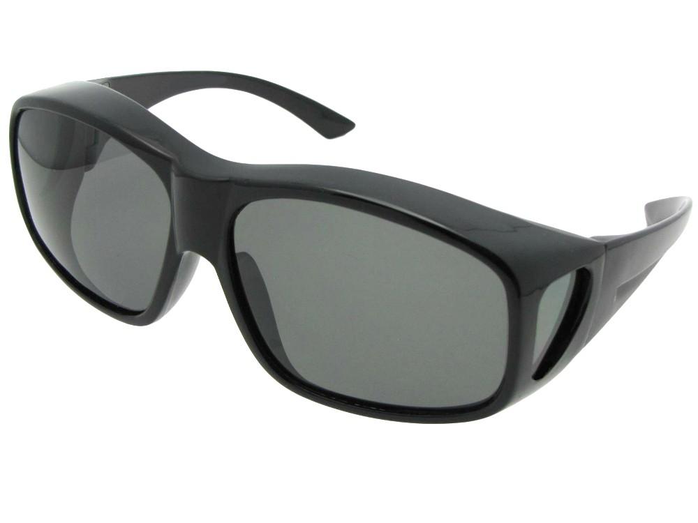 Style F19 Largest Wrap Around Polarized Fit Over Sunglasses Shiny Black Polarized Med Dark Gray Lens