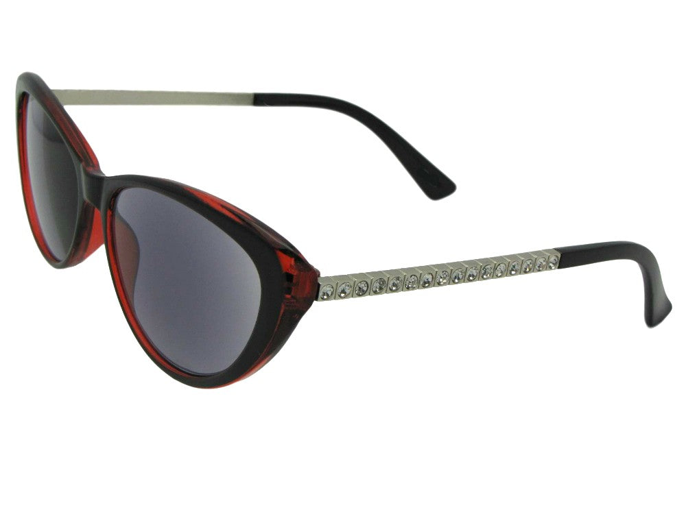 Style R103 Cat Eye Full Lens Reading Sunglasses With Rhinestones Brown Red Frame Gray Lenses
