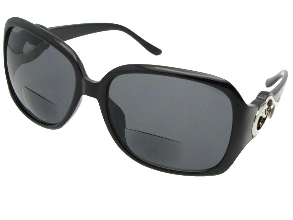 Style B119 Womens Fashion Bifocal Sunglasses Black Silver Deco Gray Lenses