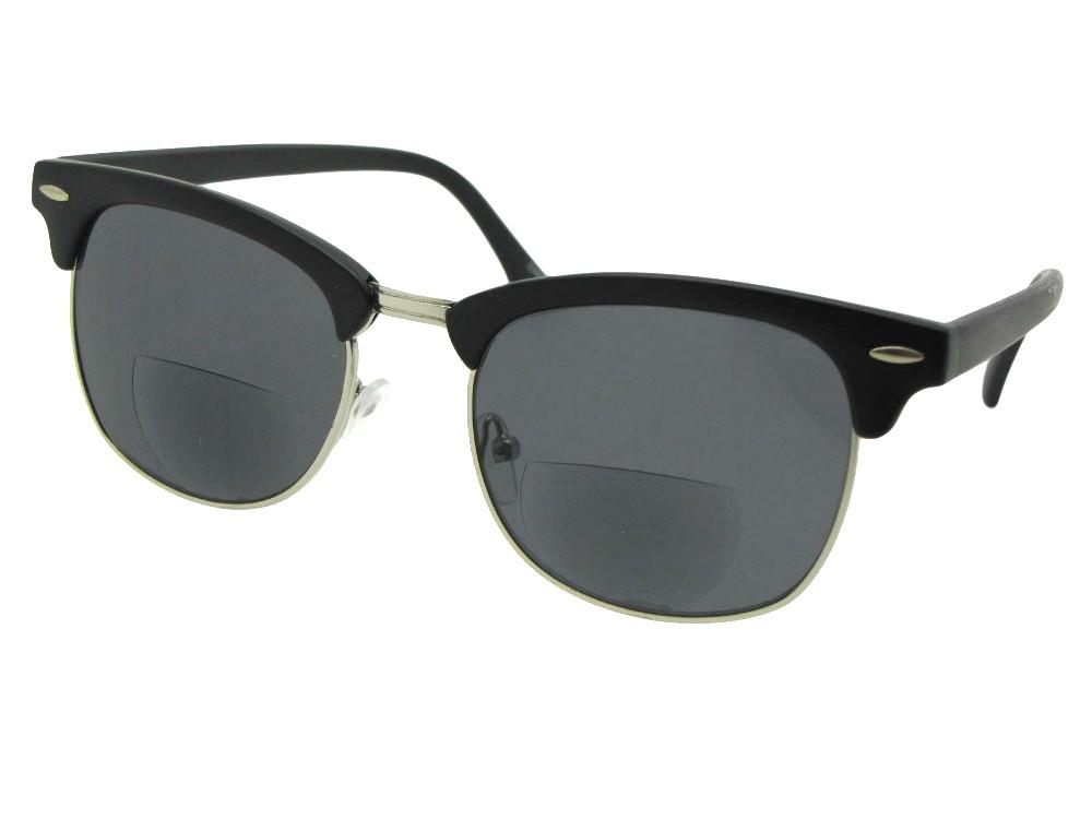 Style B120 Retro Vintage Unisex Bifocal Sunglasses Flat Black Silver Gray Lenses
