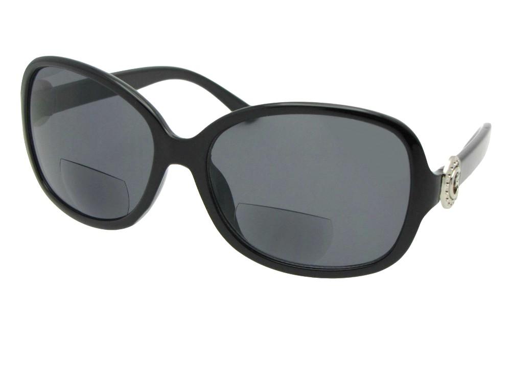 Style B121 Womens Fashion Bifocal Sunglasses Black  Silver Logo Gray Lens