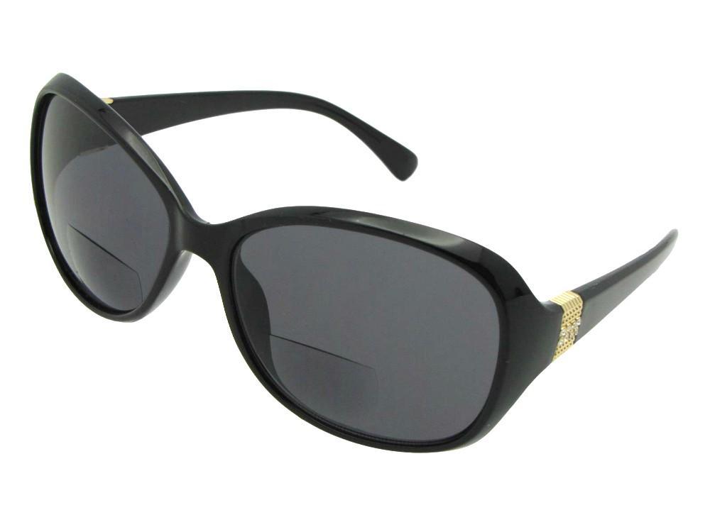 Style B127 Womens Fashion Rhinestone Bifocal Sunglasses Black Gold Frame Gray Lenses