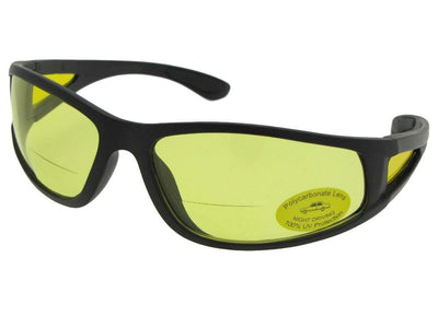 Style B131 Wrap Around Non Polarized Yellow Lens Bifocal Sunglasses Flat Black Frame