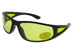 Style B131 Wrap Around Non Polarized Yellow Lens Bifocal Sunglasses Shiny Black Frame
