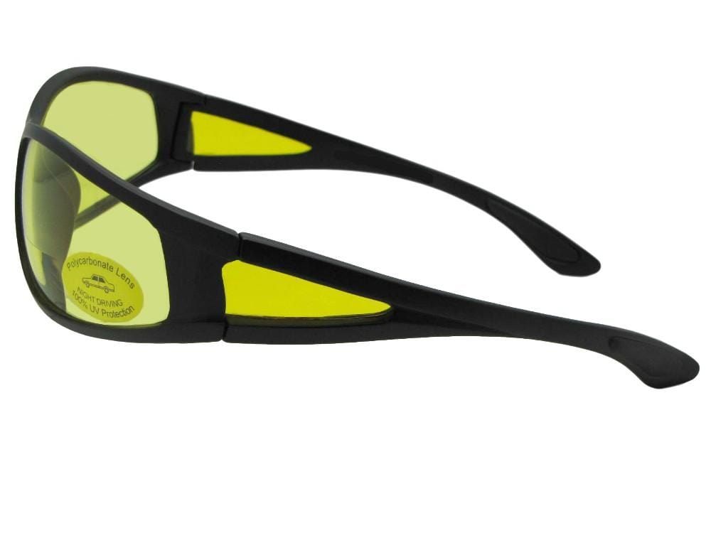 Style B131 Wrap Around Non Polarized Yellow Lens Bifocal Sunglasses Flat Black Frame