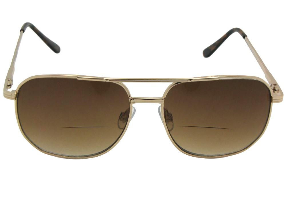 Style B14 Square Metal Frame Bifocal Sunglasses Gold Frame Brown Lenses