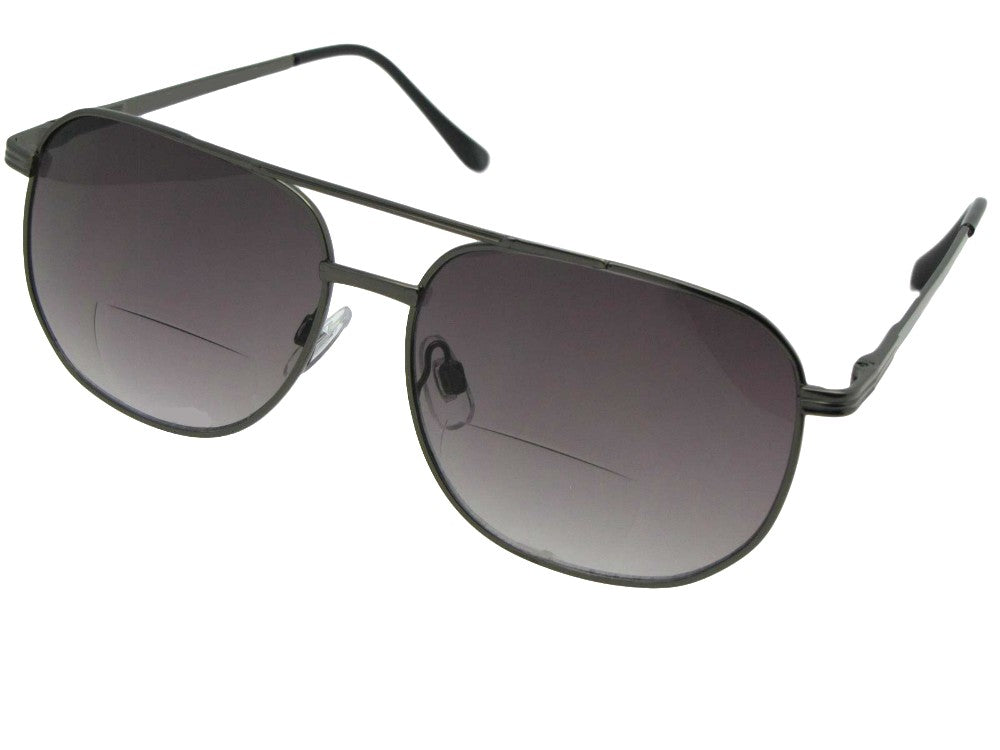 Style B14 Square Metal Frame Bifocal Sunglasses Pewter Frame Gray Lenses