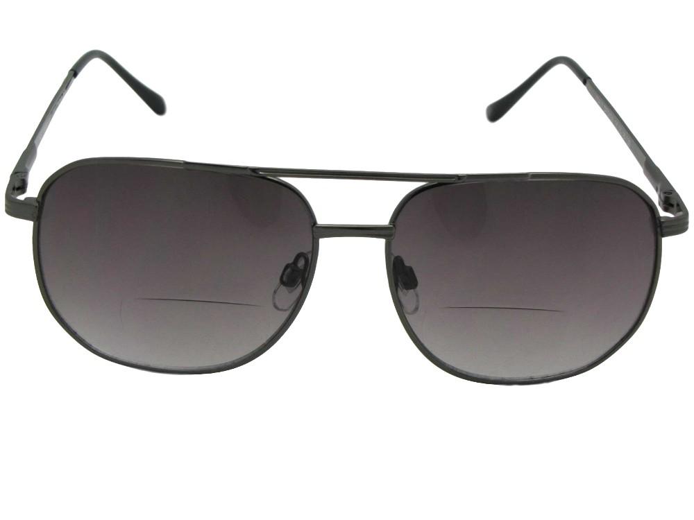 Style B14 Square Metal Frame Bifocal Sunglasses Pewter Frame Gray Lenses