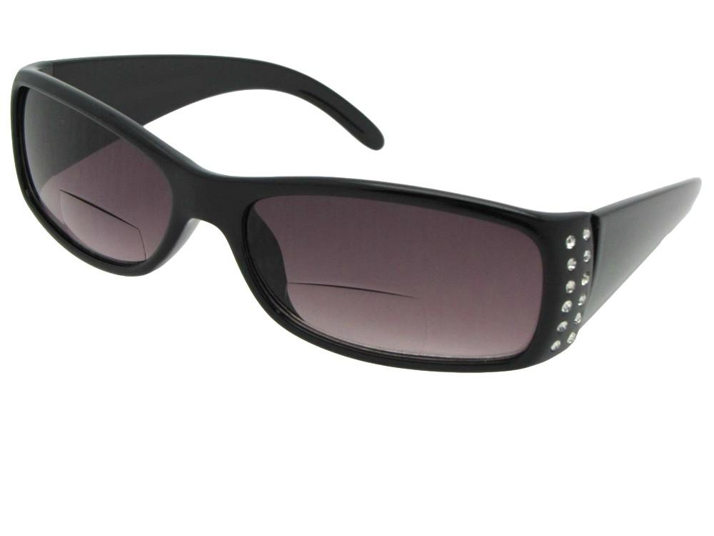 Style B47 Womens Fashion Bifocal Sunglasses With Rhinestones Black Frame Gray Lenses