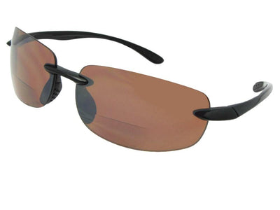 Style B54 Polycarbonate Lens Rimless Bifocal Sunglasses Black Frame Amber Lenses