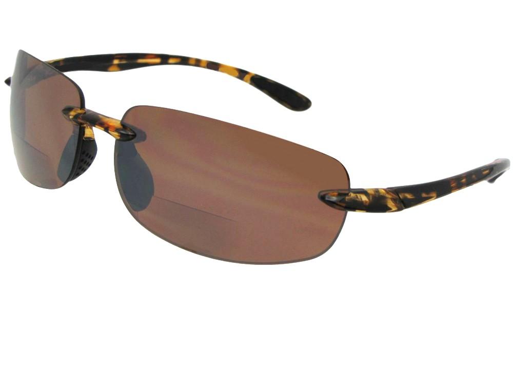Style B54 Polycarbonate Lens Rimless Bifocal Sunglasses Tortoise Frame Amber Lenses