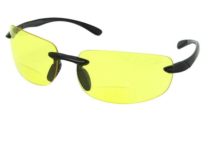 Style B54 Polycarbonate Lens Rimless Bifocal Sunglasses Black Frame Yellow Lenses