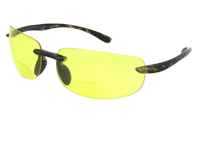 Style B54 Polycarbonate Lens Rimless Bifocal Sunglasses Tortoise Frame Yellow Lenses