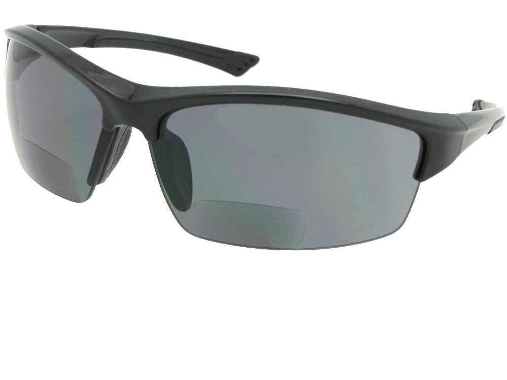 Style B76 Semi Rimless Wrap Around Bifocal Sunglasses Black Frame Gray Lenses