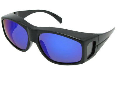 Style F18 Large Fit Over Sunglasses With Color Mirrored Lens Black Frame Blue Mirrored Gray Lenses