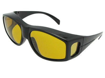 Style F18 Large Wrap Around Polarized Fit Over Sunglasses Black Frame Dark Polarized Yellow Lens