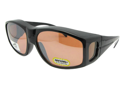 Style F18 Large Non Polarized Fit Over Sunglasses Shiny Black Non Polarized Amber Driving Lens