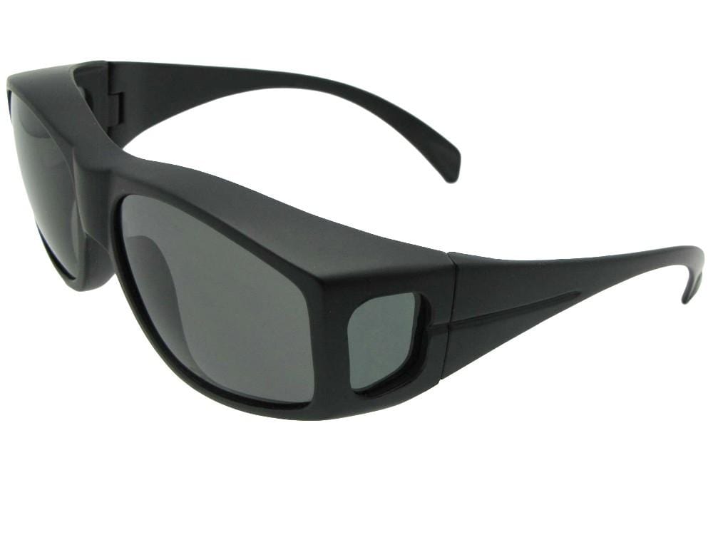 Large Wrap Around Polarized Fit Over Sunglasses Style F18 Shiny Black  Frame-Polarized Med Dark Gray Lens