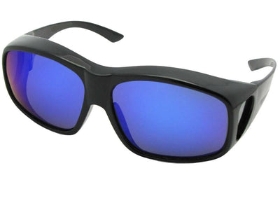 Style F19 Largest Wrap Around Color Mirror Fit Over Sunglasses Black Frame Blue Mirror Gray Lens
