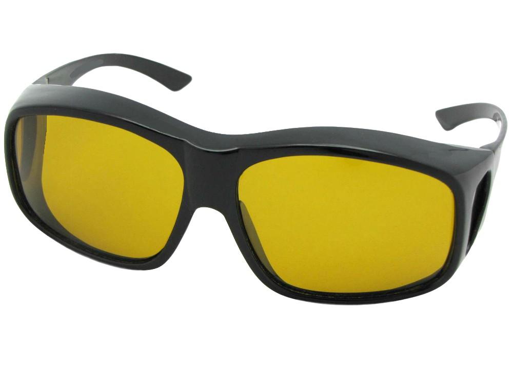 Style F19 Largest Wrap Around Polarized Fit Over Sunglasses Black Polarized Dark Yellow Lenses