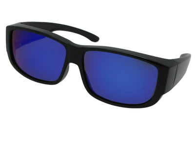 Style F27 Medium Polarized Fit Over Sunglasses Black Frame Blue Mirror Gray Lenses