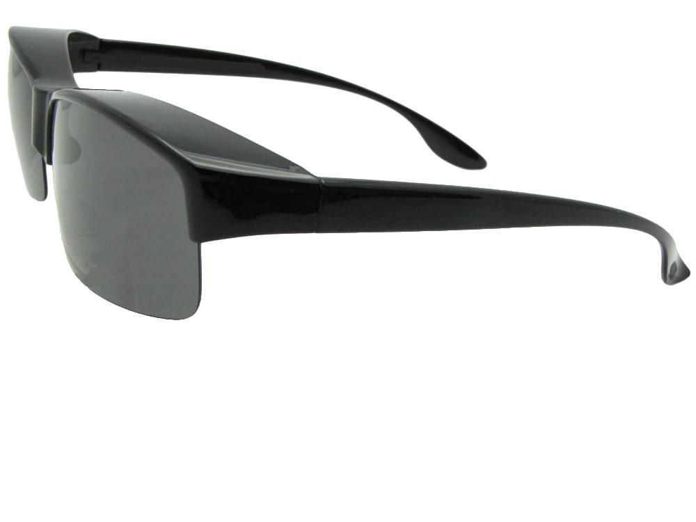 Style F40 Wide Half Rim Polarized Fit Over Sunglasses Shiny Black Frame Gray Lenses