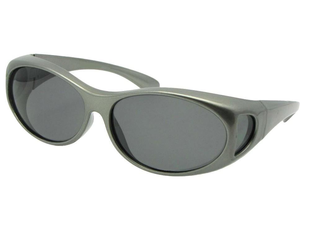Style F3 Small Wrap Around Fit Over Polarized Sunglasses Silver Fox Gray Med Dark Gray Lens