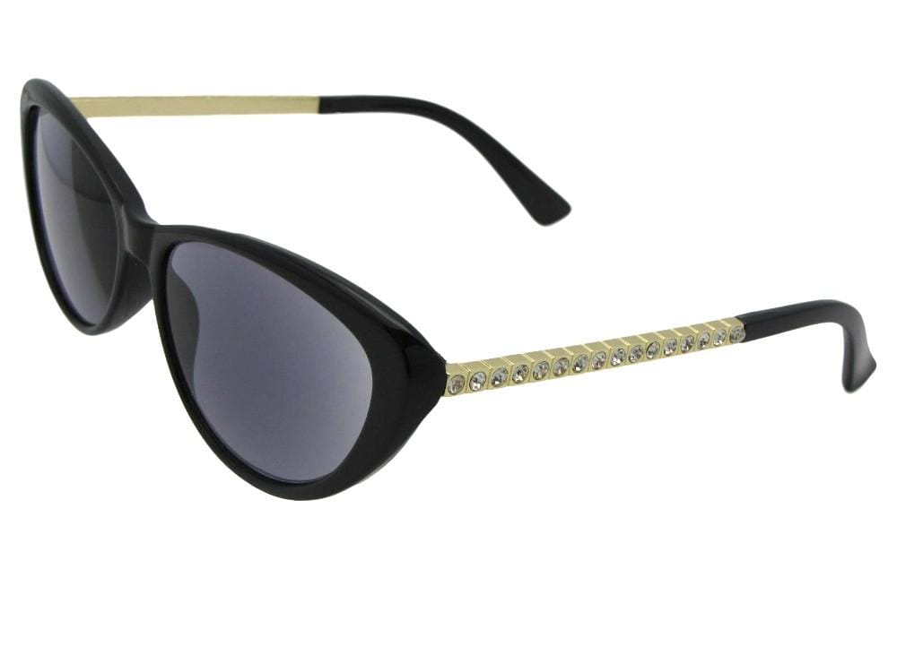 Style R103 Cat Eye Full Lens Reading Sunglasses With Rhinestones Black Gold Frame Gray Lenses