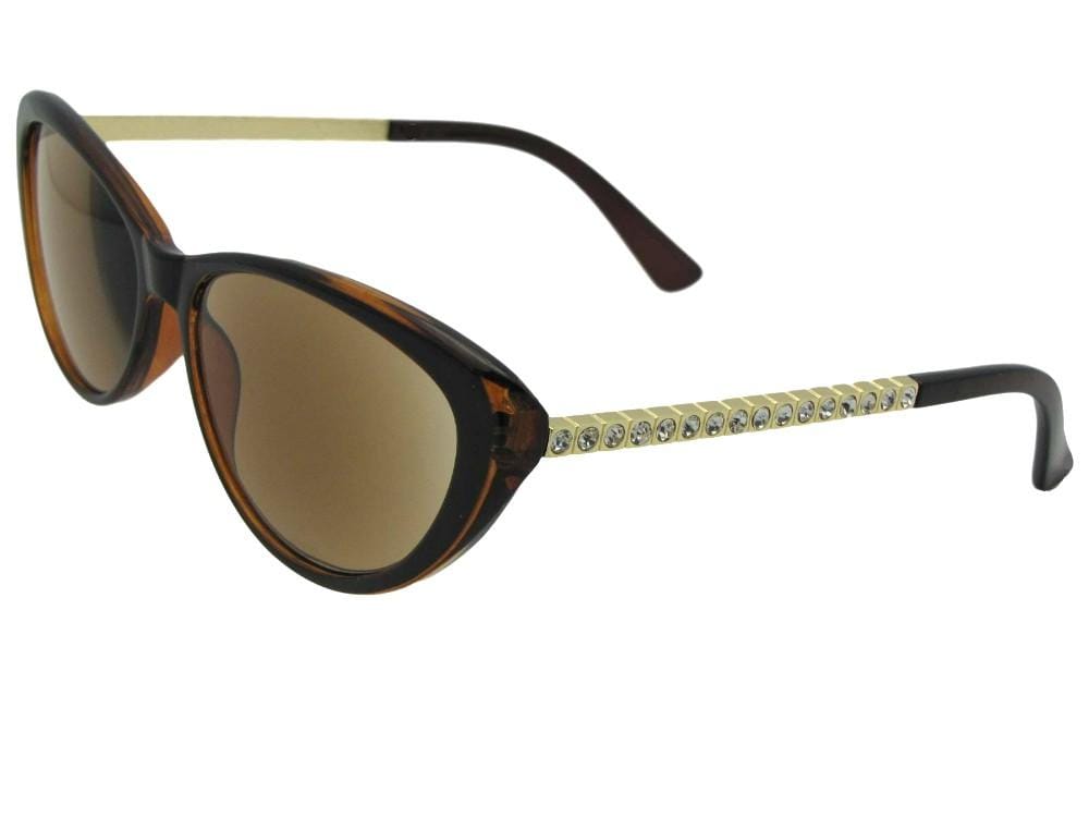 Style R103 Cat Eye Full Lens Reading Sunglasses With Rhinestones Brown Gold Frame Brown Lenses