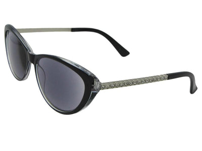Style R103 Cat Eye Full Lens Reading Sunglasses With Rhinestones Black Silver Frame Gray Lenses