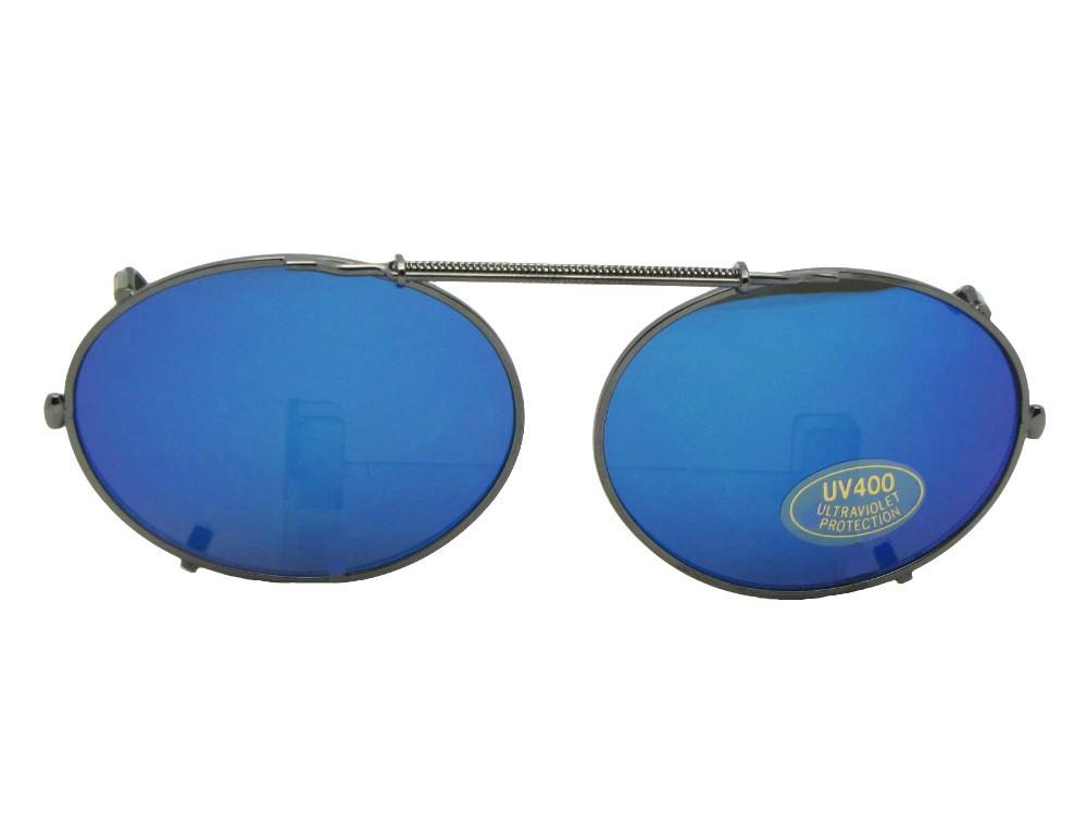 Oval Color Mirror Clip-on Sunglasses Pewter Frame Blue Mirror Lens