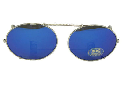 Oval Color Mirror Clip-on Sunglasses Silver Frame Blue Mirror Lens 