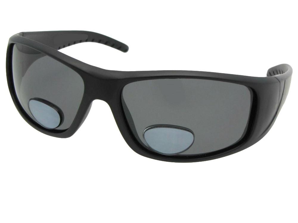 Polarized Fishing Bifocal Sunglasses Style P14 +1.50 Magnification / Flat  Black Frame-Gray Lenses