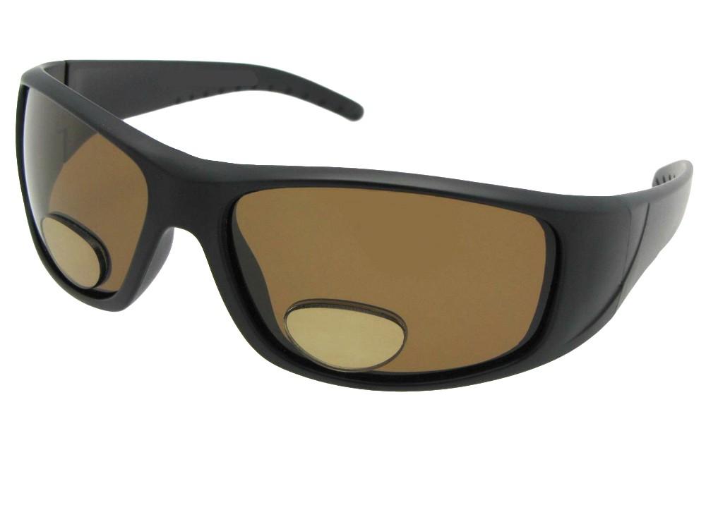 Style P14 Polarized Fishing Bifocal Sunglasses Flat Black Frame Brown Lenses