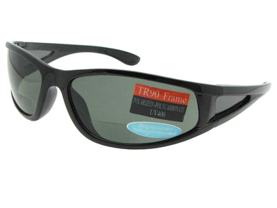 Style P18 Premium Wrap Around Polarized Bifocal Sunglasses Shiny Black Frame Gray Lenses