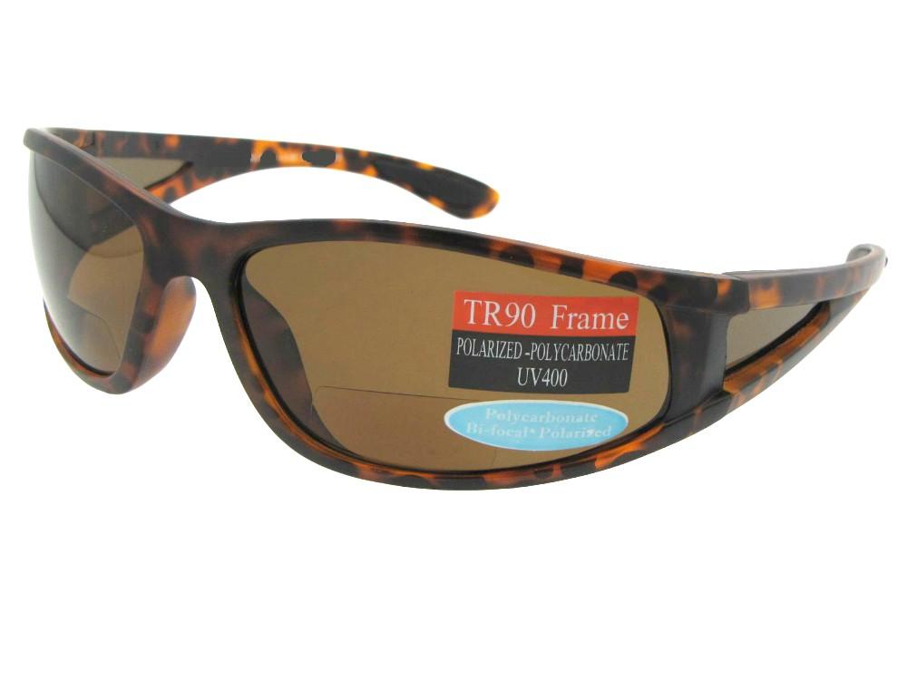 Style P18 Premium Wrap Around Polarized Bifocal Sunglasses Shiny Tortoise Frame Brown Lenses
