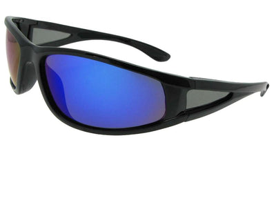 Style PSR28 Wrap Around Color Mirror Polarized Sunglasses Black Frame Blue Mirror Gray Lenses