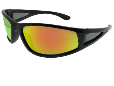Style PSR28 Wrap Around Color Mirror Polarized Sunglasses Black Frame Gold Red Mirror Gray Lenses
