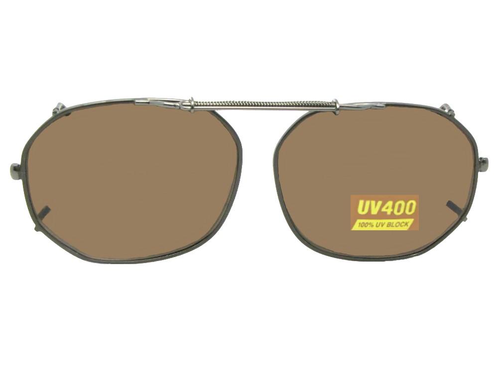 Round Square Non Polarized Clip-on Sunglasses Pewter Frame Brown Lenses