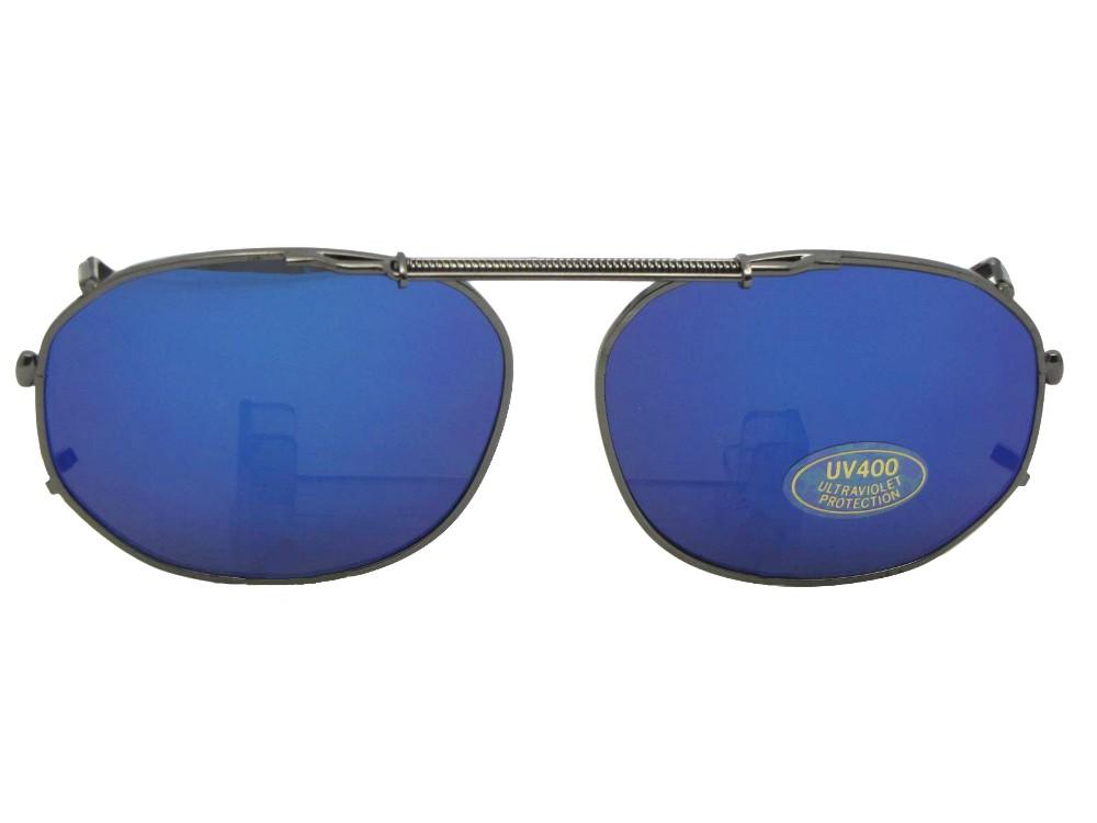 Round Square Color Mirror Clip-on Sunglasses 48mm Width x 36mm Height /  Pewter Frame-Blue Mirror Lenses