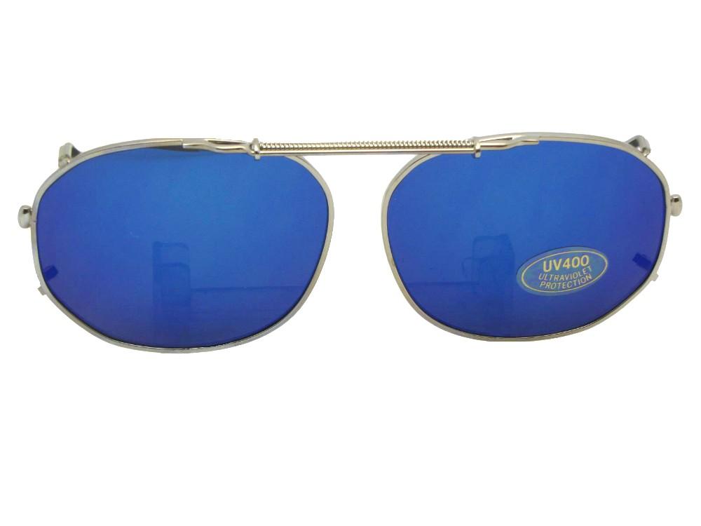Round Square Color Mirror Clip-on Sunglasses Silver Frame Blue Mirror Lenses